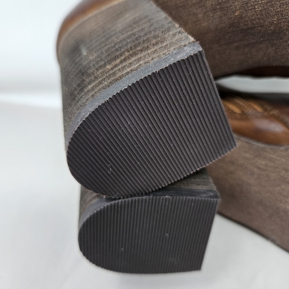 BP. Lance Womens Cognac Leather Booties Sz 8M Wood Block Stacked Heels Winter - Picture 8 of 13